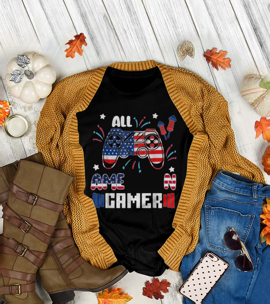 All American Gamer 4th of July Flag Controller Fireworks T-Shirt