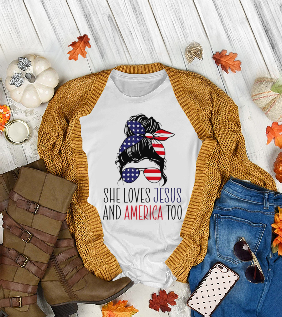 She Loves Jesus and America Too Patriotic Bandana and Sunglasses 4th of July T-Shirt