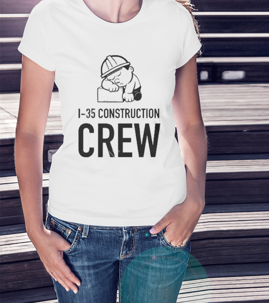 I-35 Construction Crew Cartoon Worker Sleeping On Block T-Shirt