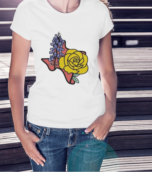 Texas Wildflower Humor Yellow Rose Bluebonnet State Outline T-Shirt