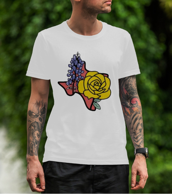 Texas Wildflower Humor Yellow Rose Bluebonnet State Outline T-Shirt