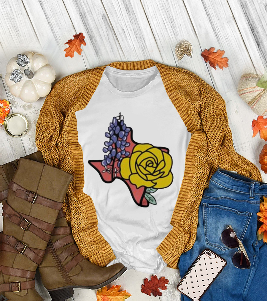 Texas Wildflower Humor Yellow Rose Bluebonnet State Outline T-Shirt