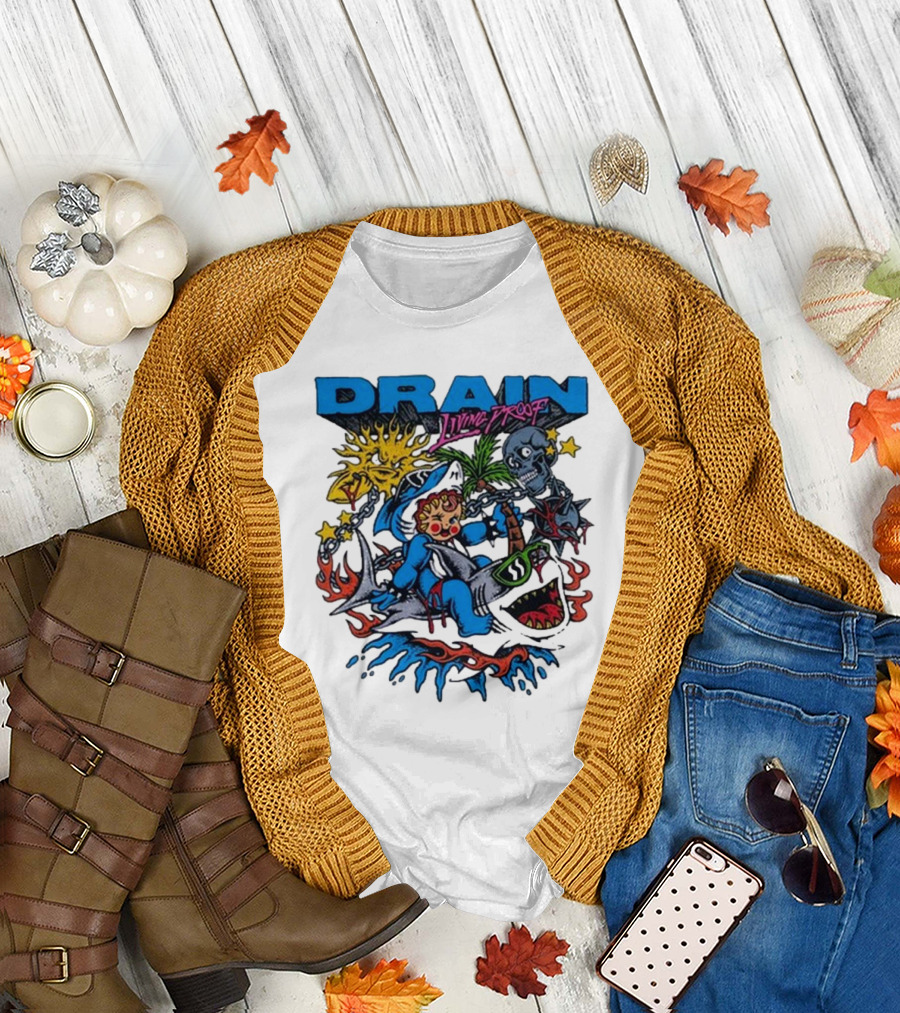 DRAIN Living Proof Chain-Wrapped Shark with Skeleton and Sunburst T-Shirt