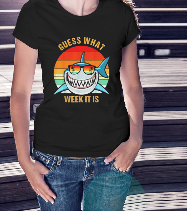Guess What Week It Is Shark Vintage Sunset Retro Palm Trees T-Shirt
