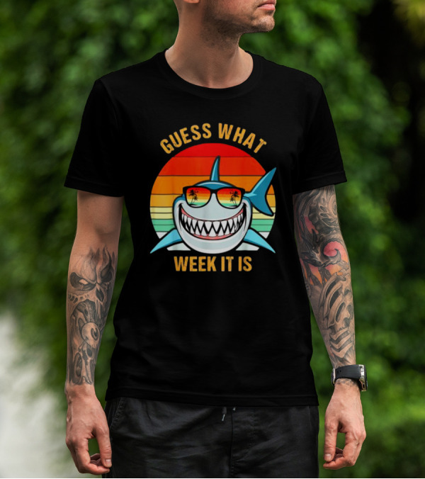 Guess What Week It Is Shark Vintage Sunset Retro Palm Trees T-Shirt