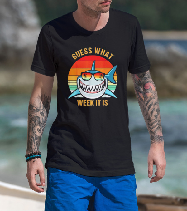 Guess What Week It Is Shark Vintage Sunset Retro Palm Trees T-Shirt