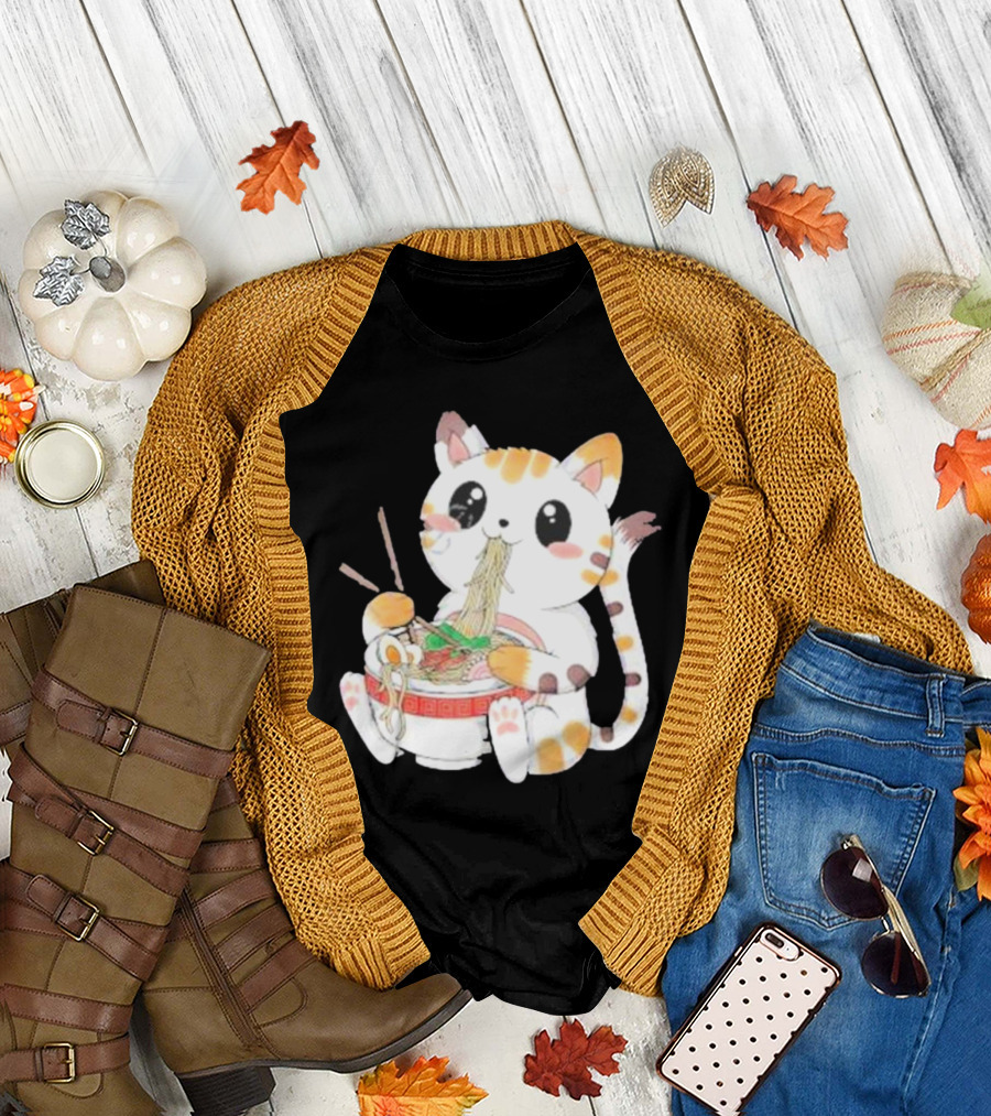 Kawaii Neko Eating Ramen in Cute Cartoon T-Shirt