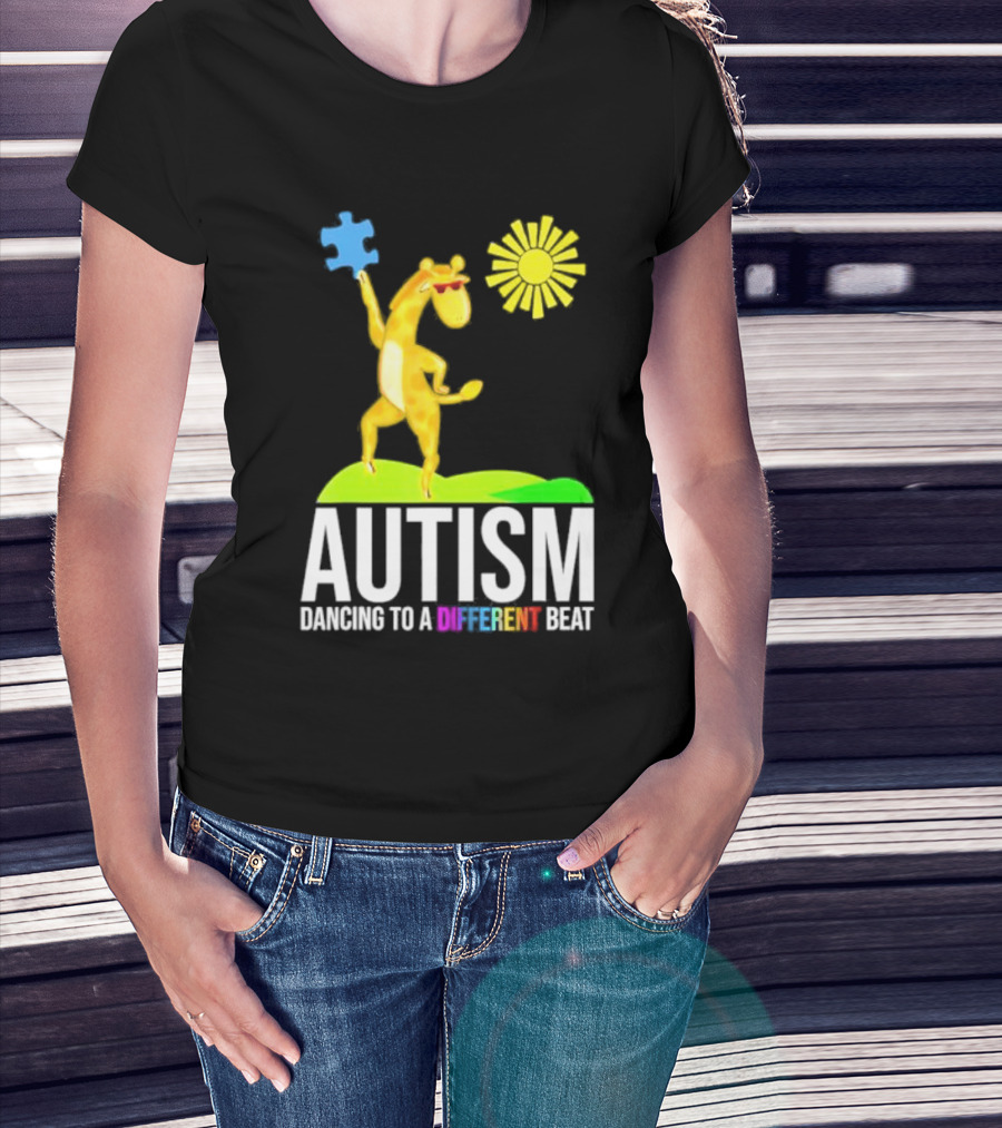 Giraffe With Puzzle Piece And Sun Celebrating Autism Dancing To A Different Beat T-Shirt