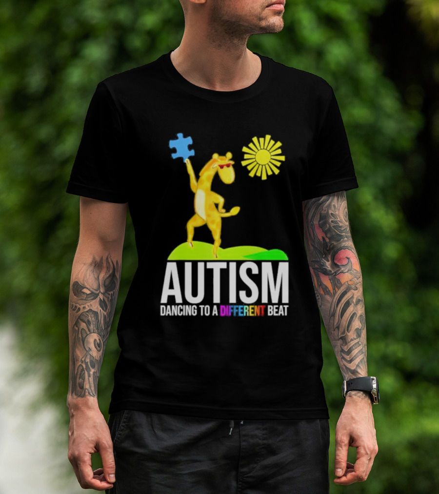 Giraffe With Puzzle Piece And Sun Celebrating Autism Dancing To A Different Beat T-Shirt