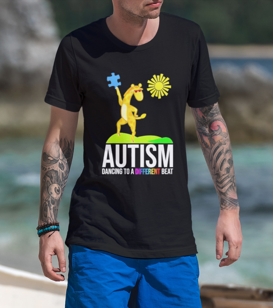 Giraffe With Puzzle Piece And Sun Celebrating Autism Dancing To A Different Beat T-Shirt