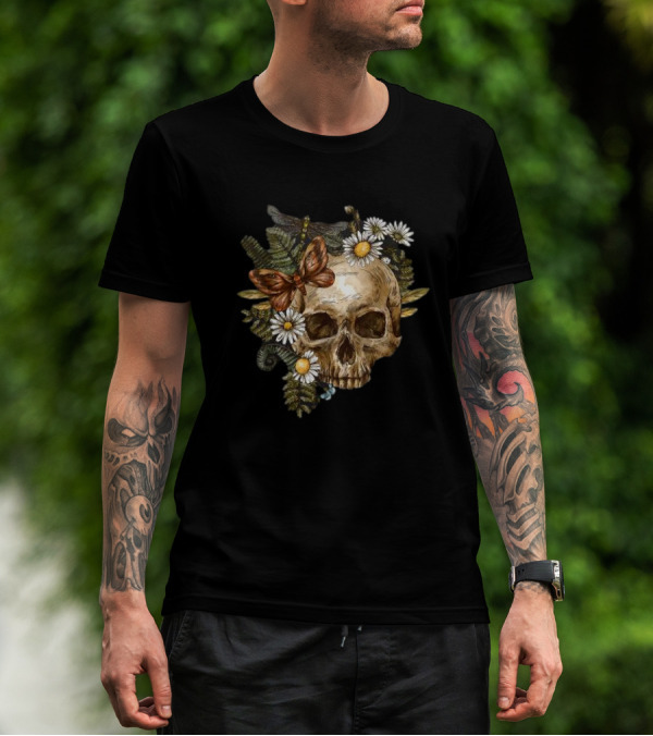 Skull With Butterfly And Dragonfly Surrounded By Autumn Leaves And Daisies T-Shirt