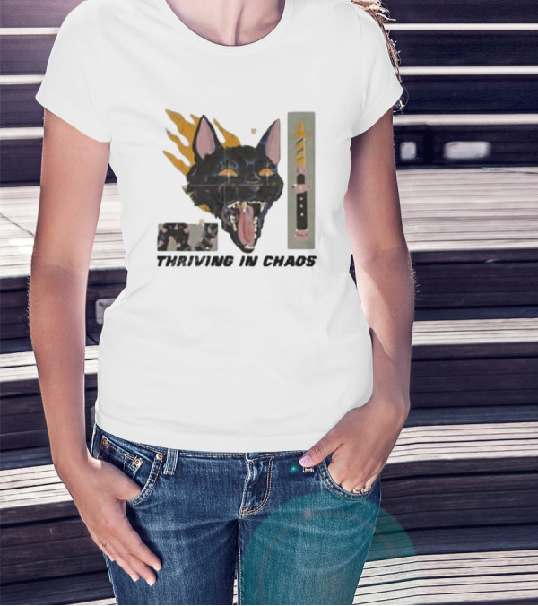 Galactixy Thriving In Chaos Cat With Flames And Dagger T-Shirt