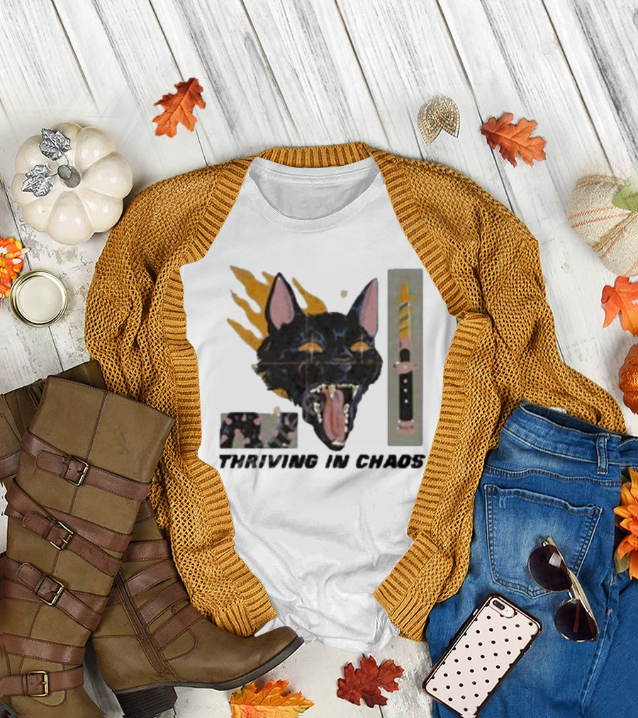 Galactixy Thriving in Chaos Cat with Flames and Dagger T-Shirt