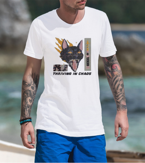 Galactixy Thriving In Chaos Cat With Flames And Dagger T-Shirt