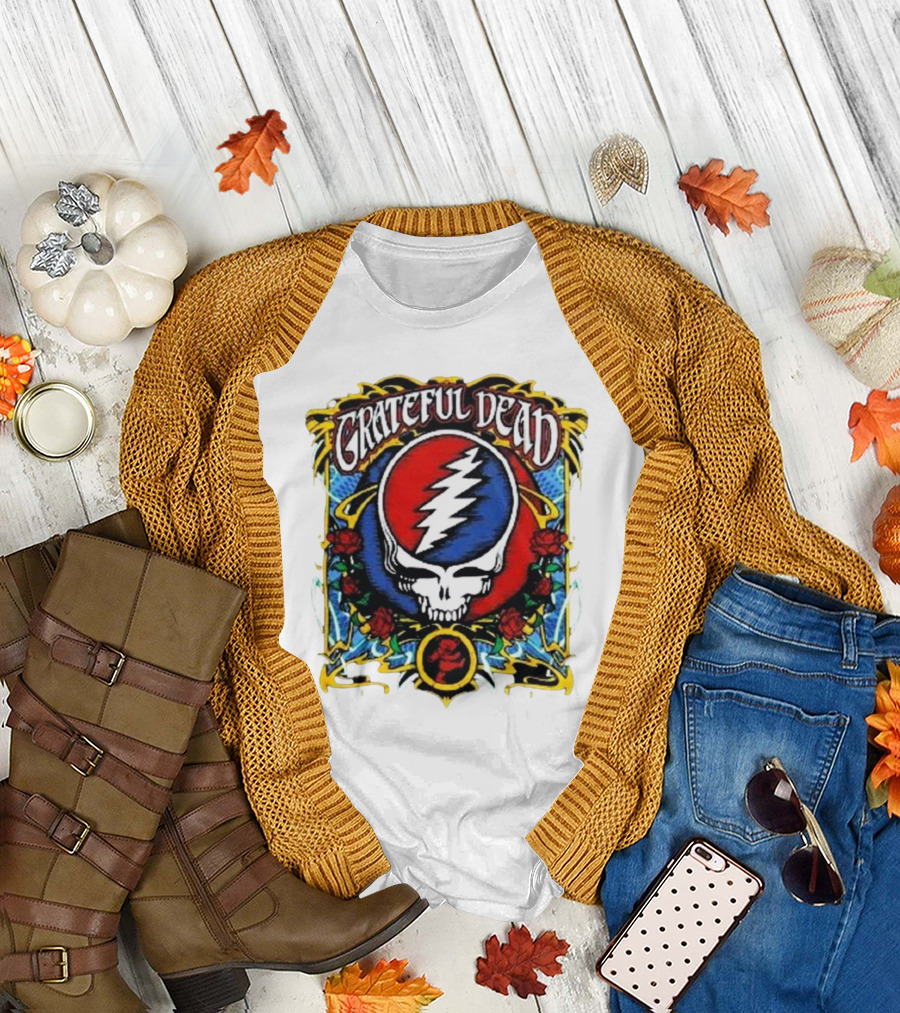 Grateful Dead Steal Your Face Skull with Roses and Lightning Bolt T-Shirt