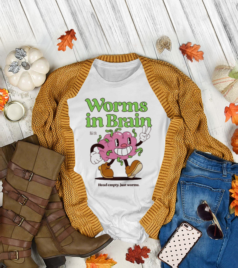 Worms in Brain Head Empty Just Worms Cartoon Brain Peace Sign T-Shirt