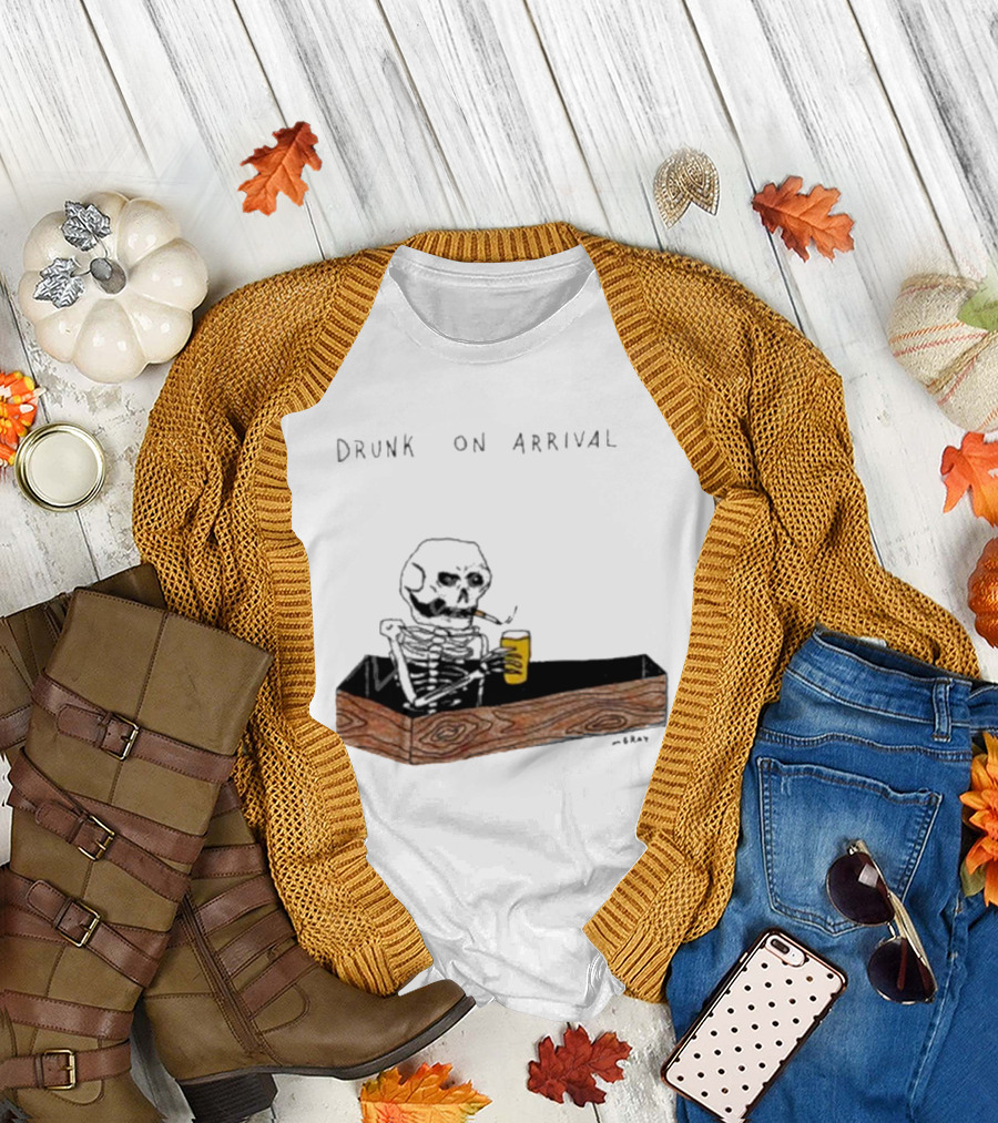 Matt Gray Drunk On Arrival Skeleton in Coffin Holding Drink T-Shirt