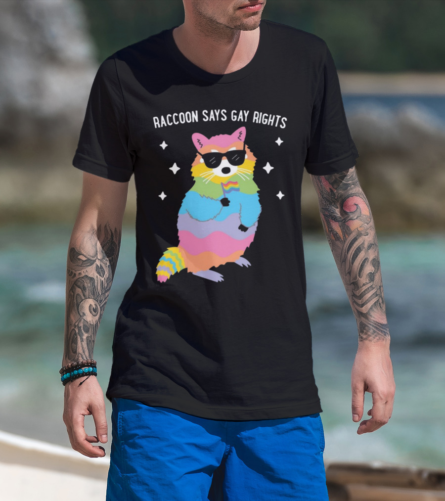 Raccoon Says Gay Rights Pride Rainbow Sunglasses Flag T-Shirt