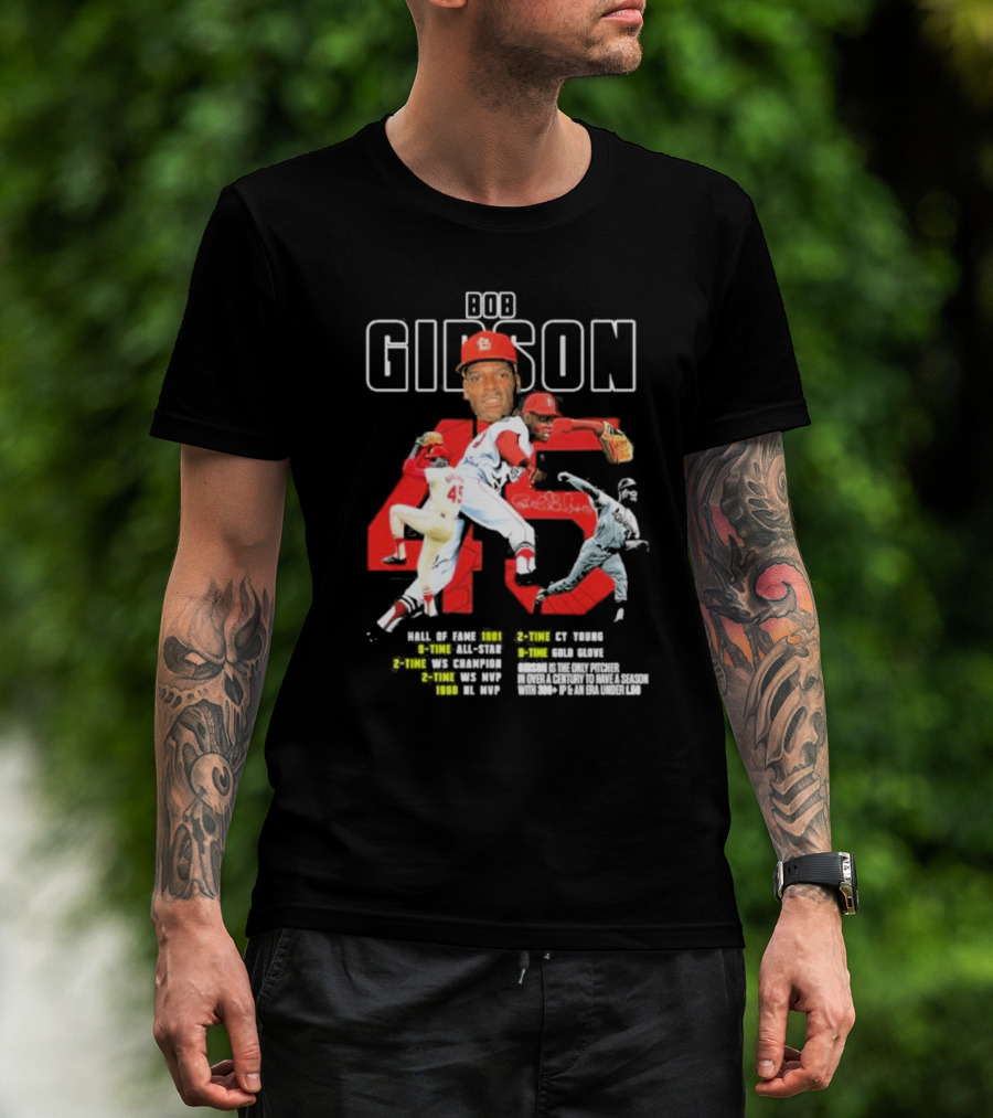 Bob Gibson St Louis Cardinals Hall Of Fame MLB Legend Pitcher Career Highlights 45 T-Shirt