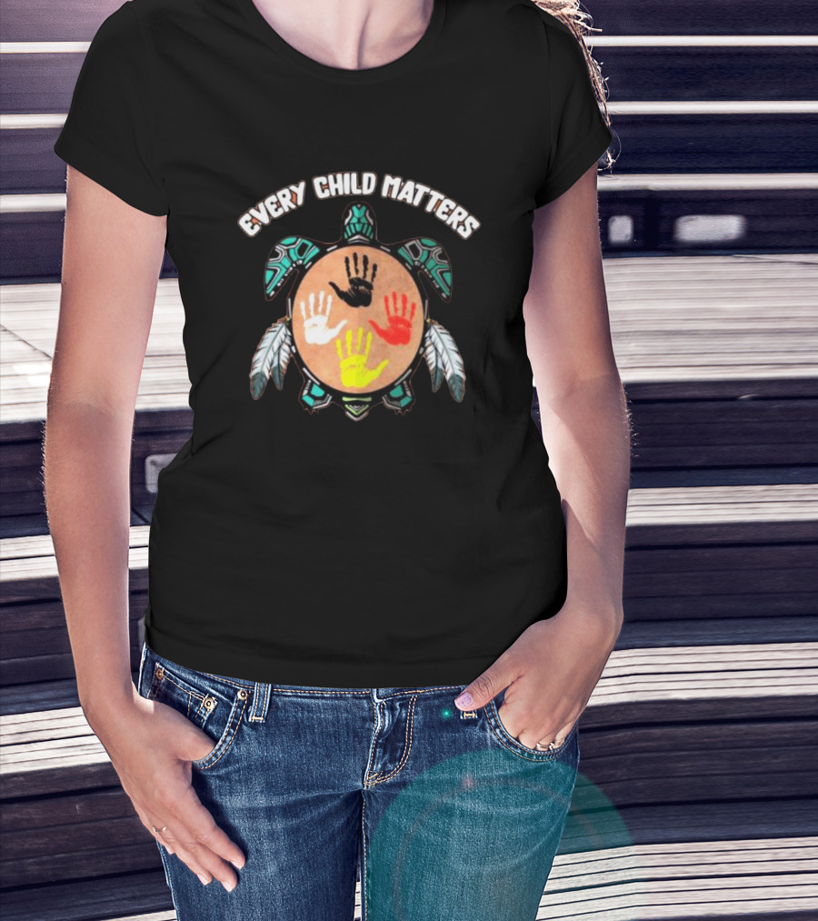 Every Child Matters Turtle With Handprints And Feathers T-Shirt