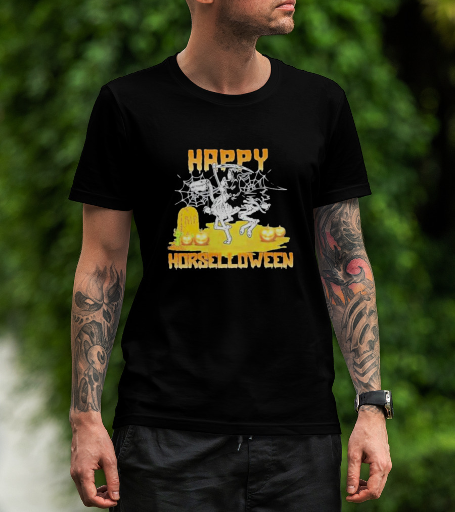 Happy Horselloween Devil Riding Horse Skull Halloween T-Shirt