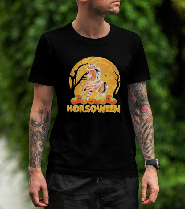 Horsoween Bandaged Horse Spider Web Haunted Pumpkins Red Moon Halloween T-Shirt