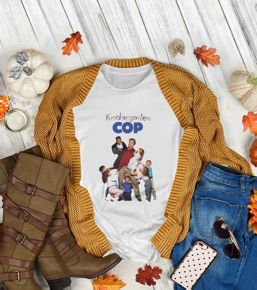 Kindergarten Cop Starring Arnold Schwarzenegger Surrounded by Kids in Colorful Letters T-Shirt