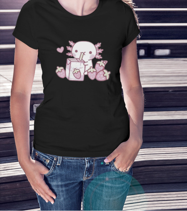 Strawberry Milk Axolotl With Strawberries And Heart T-Shirt