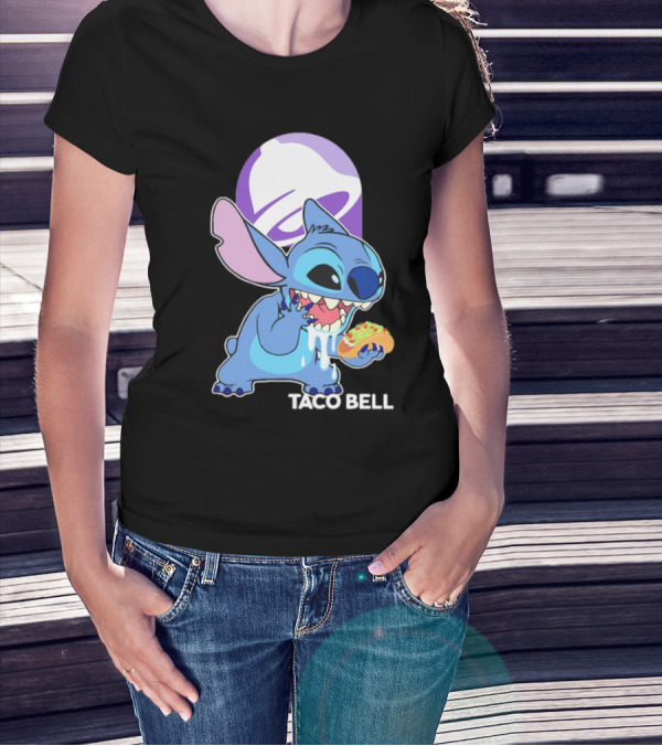 Stitch Eating Taco Bell Tacos With Logo Background T-Shirt