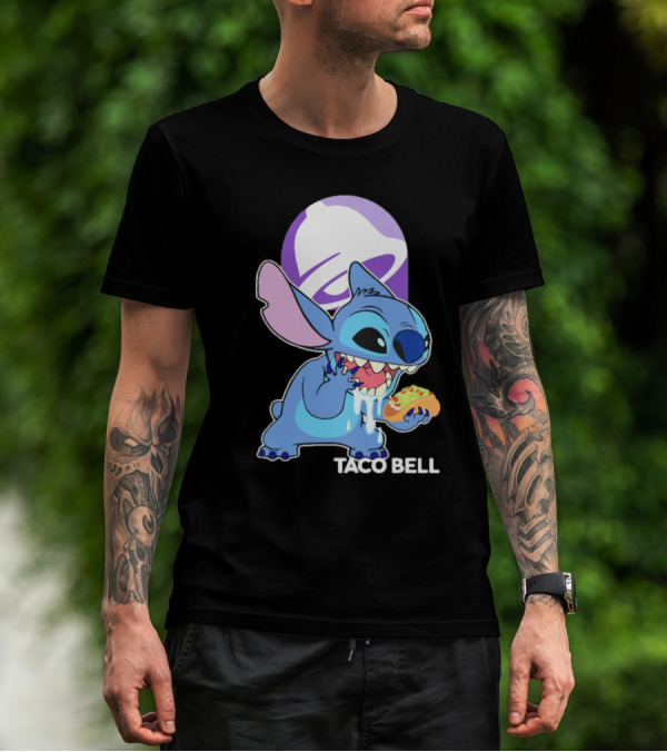 Stitch Eating Taco Bell Tacos With Logo Background T-Shirt