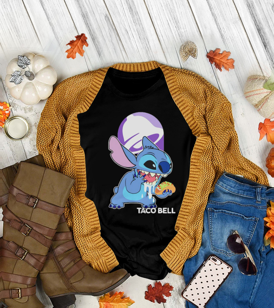 Stitch Eating Taco Bell Tacos with Logo Background T-Shirt
