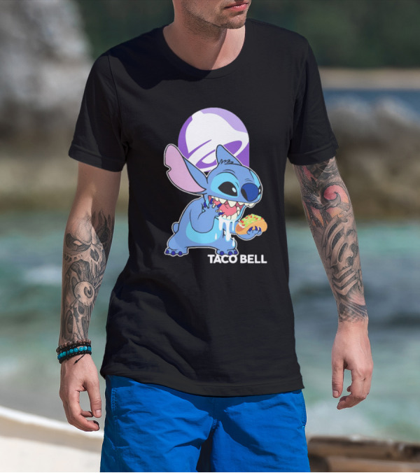 Stitch Eating Taco Bell Tacos With Logo Background T-Shirt