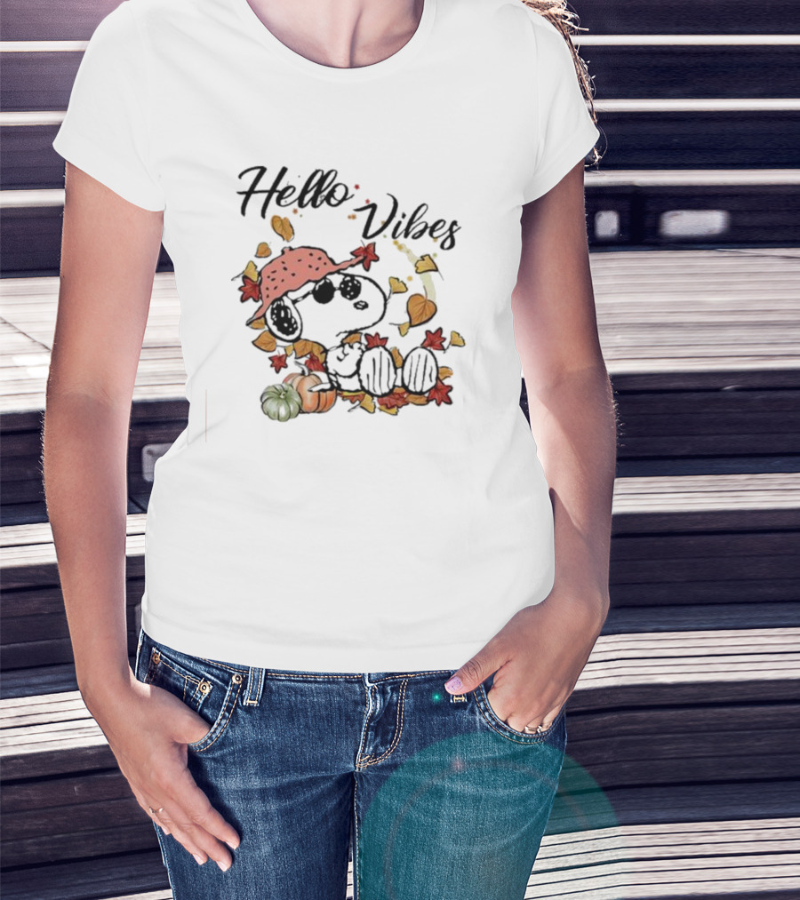 Snoopy Hello Vibes Fall Leaves Pumpkins T-Shirt