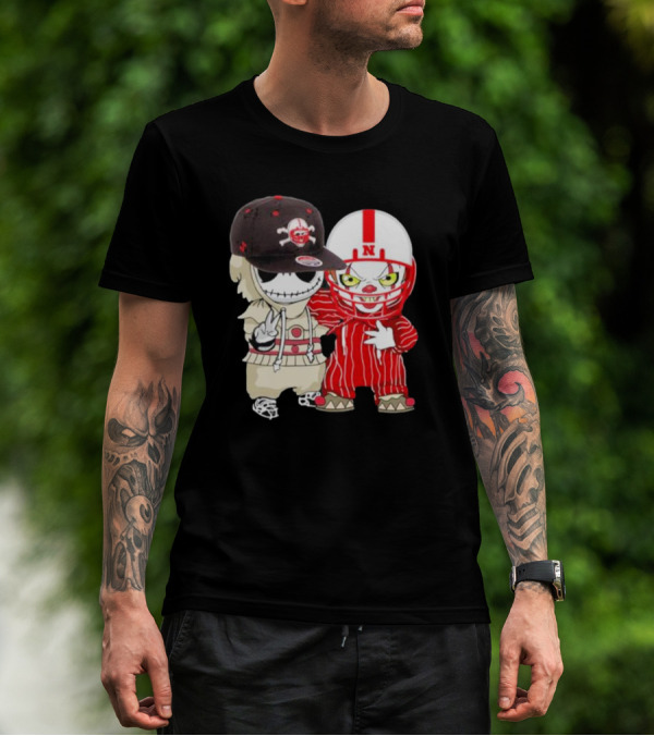 Baby Jack Skellington And Pennywise Nebraska Cornhuskers Halloween Characters T-Shirt