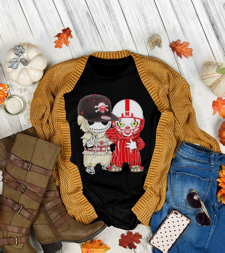 Baby Jack Skellington and Pennywise Nebraska Cornhuskers Halloween Characters T-Shirt