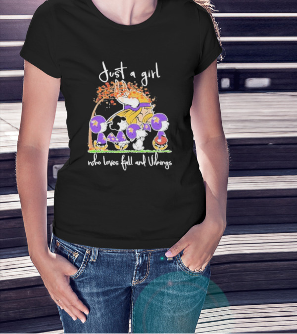 Just A Girl Who Loves Fall And Vikings Peanuts Characters Autumn Leaves T-Shirt