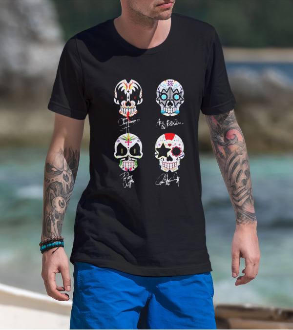 Kiss Band 4 Skull Faces Simmons Stanley Frehley Criss Signature T-Shirt