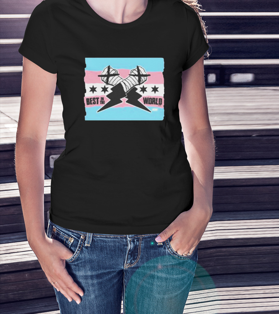Shopaew Cm Punk Best In The World Trans Pride Flag With Fists And Stars T-Shirt