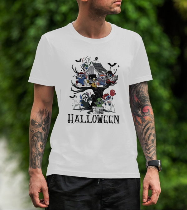 Halloween Stitch Horror Movie Characters Treehouse Scene T-Shirt