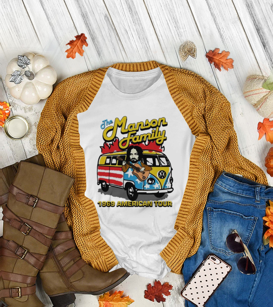 The Manson Family 1969 American Tour VW Van with Flames and Guitar T-Shirt
