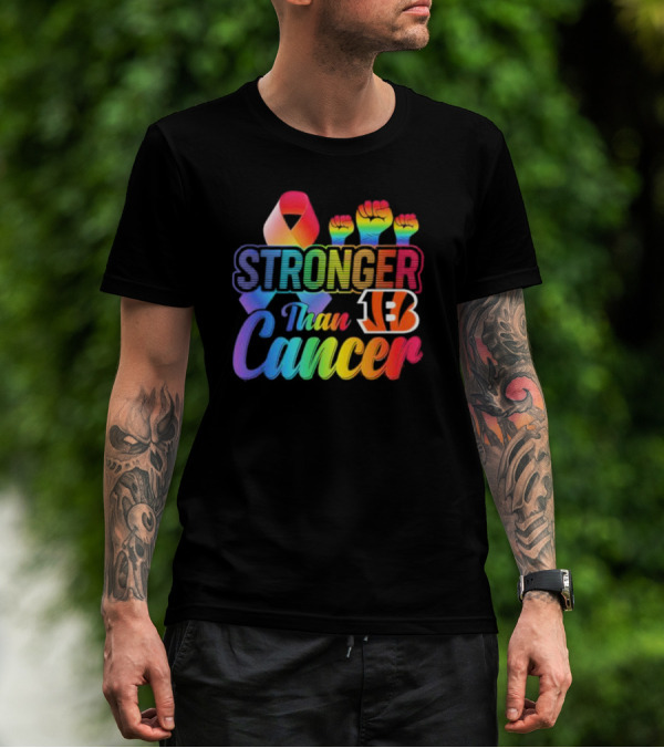 Stronger Than Cancer Cincinnati Bengals NFL Rainbow Ribbon And Fists T-Shirt