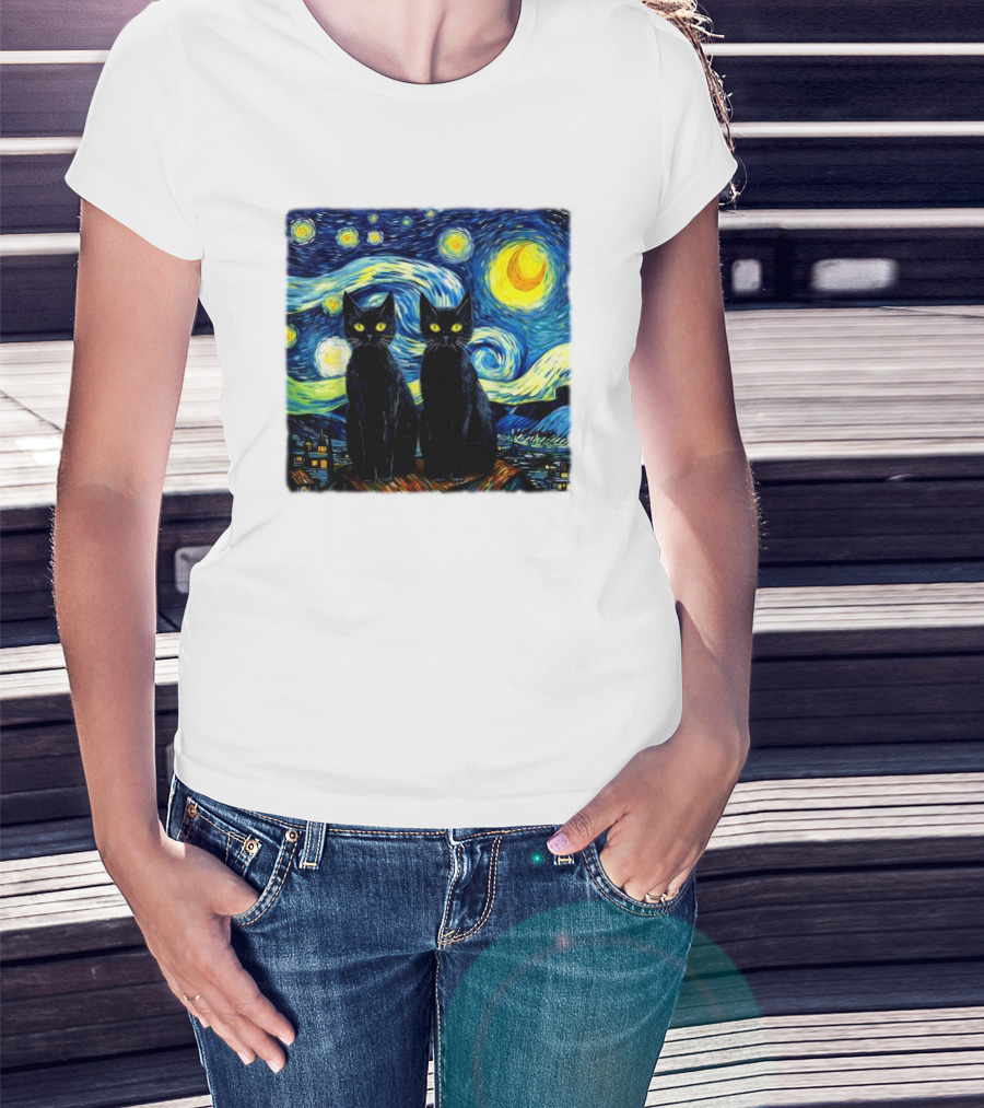 Black Cats Starry Night Vincent Van Gogh Painting Fusion T-Shirt