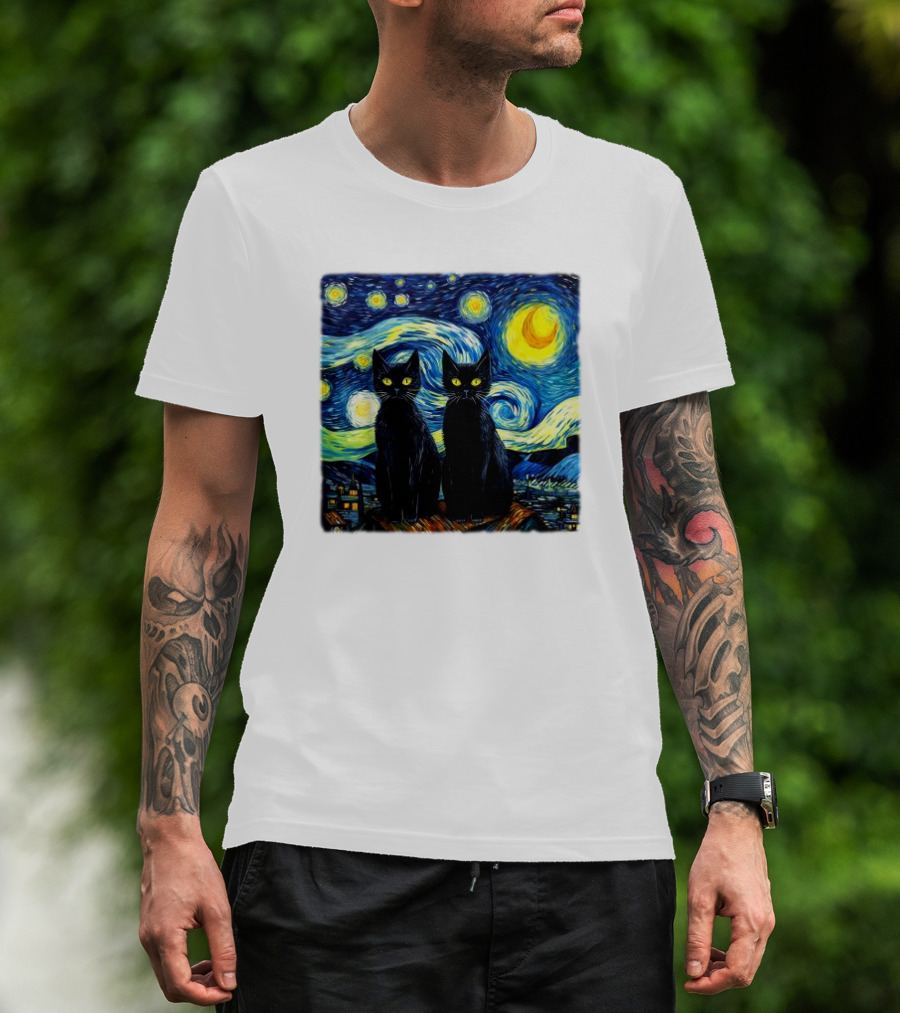 Black Cats Starry Night Vincent Van Gogh Painting Fusion T-Shirt