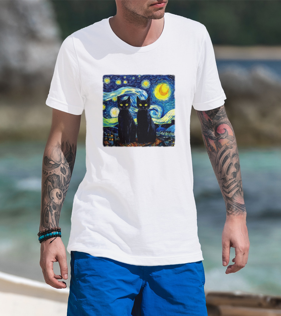 Black Cats Starry Night Vincent Van Gogh Painting Fusion T-Shirt