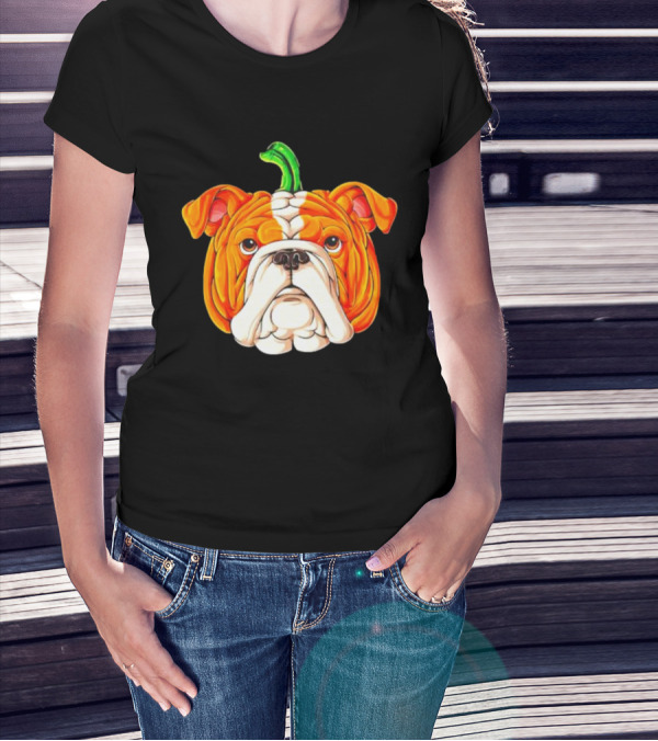 Pumpkin Bulldog Halloween Face Fusion T-Shirt