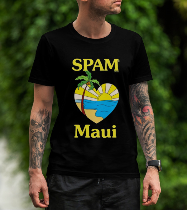 SPAM Brand Maui Heart Beach Sunset And Palm Tree T-Shirt