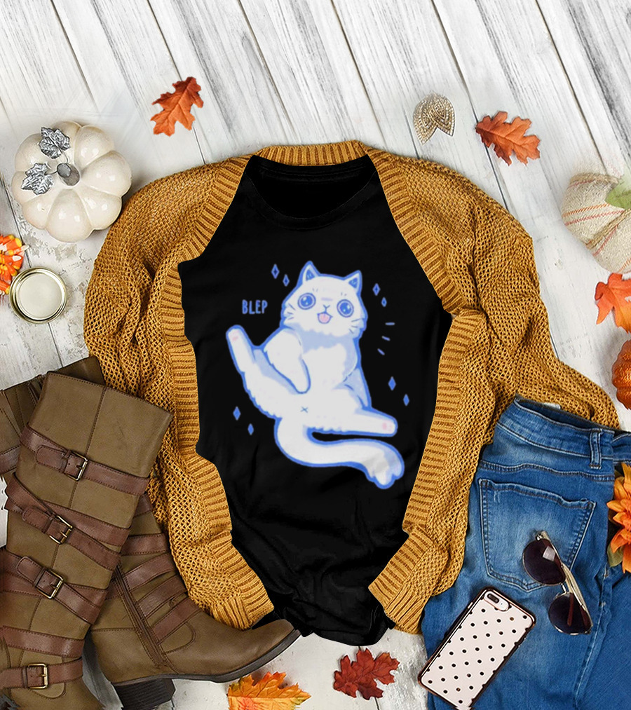 Xmorfina Blep Cute Cat with Tongue Out in Blue and White Cartoon T-Shirt