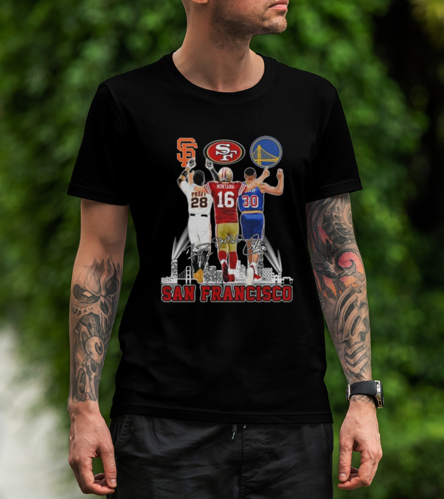 San Francisco Giants 49ers Warriors Buster Posey Joe Montana Stephen Curry Signatures T-Shirt