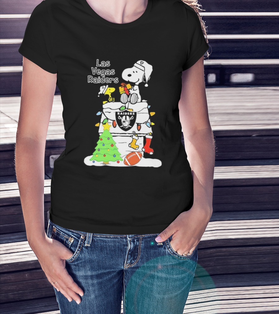 Las Vegas Raiders NFL Christmas Snoopy And Woodstock With Tree And Football T-Shirt