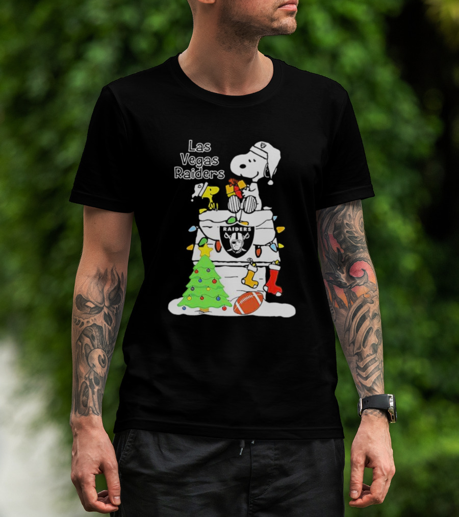 Las Vegas Raiders NFL Christmas Snoopy And Woodstock With Tree And Football T-Shirt